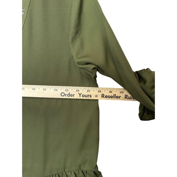 Olive Green V-Neck Ruffle Hem Bell Sleeve Blouse S 100% Polyester Womens Top - Picture 6 of 12